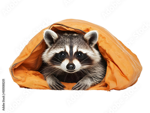 A cute raccoon peeking out from an orange blanket, showcasing its distinctive mask and expressive eyes. photo