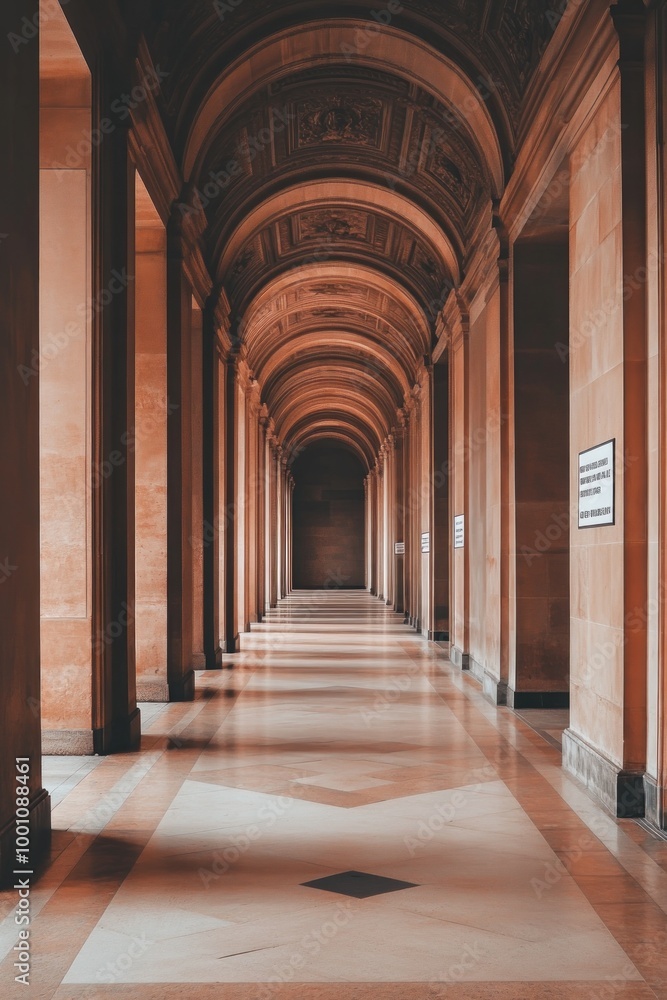 Fototapeta premium A serene corridor with arches and soft lighting, emphasizing architectural elegance.