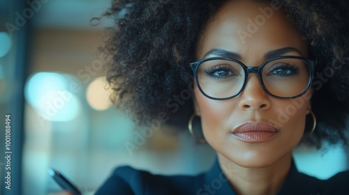 Focused African American Businesswoman with Glasses Holding Pen in Modern Office