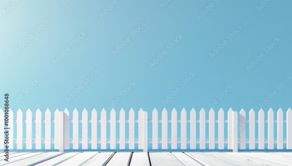 White wooden fence against a clear blue sky background, creating a serene and inviting atmosphere White wooden fence against a clear blue sky background, creating a serene and inviting atmosphere