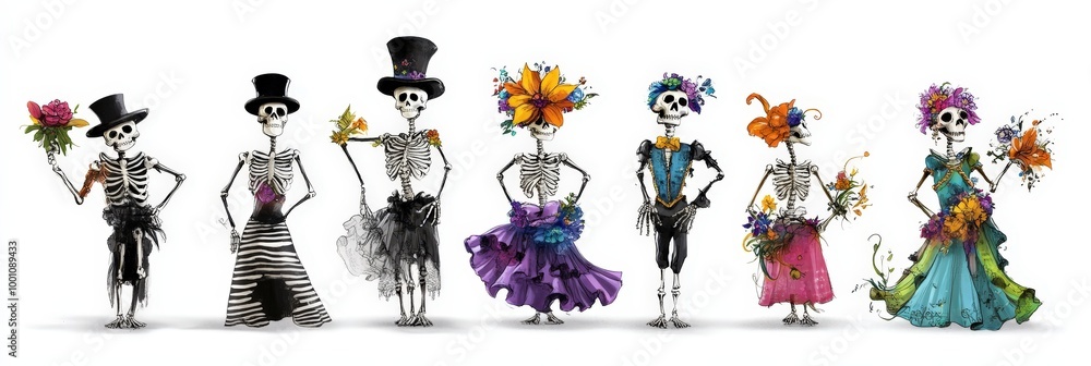 Naklejka premium colorful day of the dead skeleton costumes