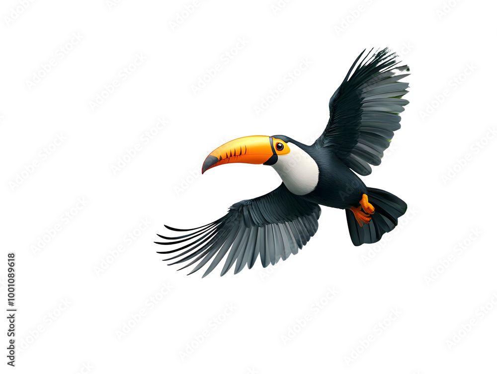 Obraz premium Colorful toucan flying in vibrant detail against a white isolate background.