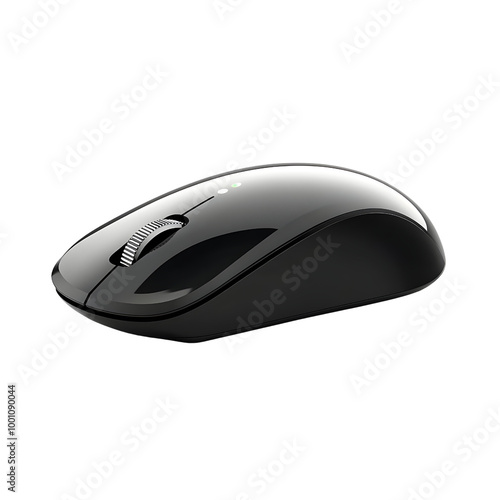 Wireless black computer mouse on a white isolated background.