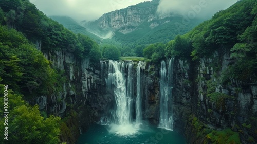 Mountain lake with forest reflection and scenic peaks 