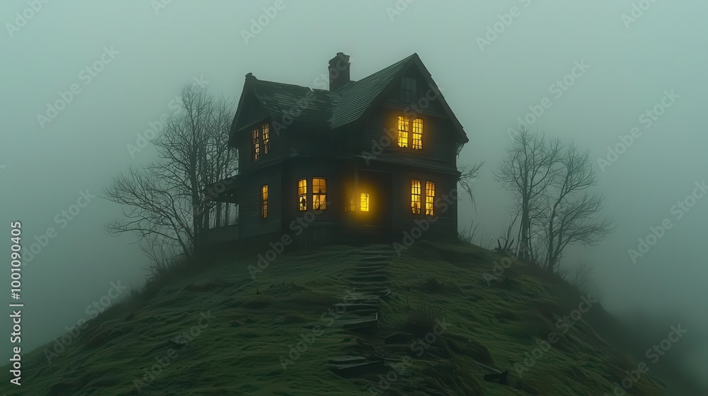 A haunting house illuminated by warm lights stands eerily amidst thick fog, creating a mysterious and atmospheric scene. A haunting house illuminated by warm lights stands eerily amidst thick fog, creating a mysterious and atmospheric scene.