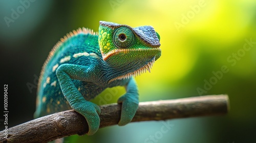 tropical forest scene with a green chameleon perched on a branch in daylight, showing its unique camouflage ability and vibrant colors in its natural environment photo