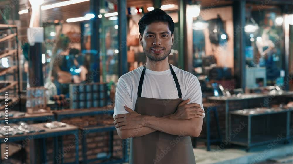 Attractive male standing on background of crafting store Attractive male standing on background of crafting store