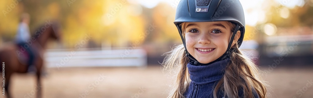 A joyful girl rides a horse in an equestrian lesson, smiling at the camera A joyful girl rides a horse in an equestrian lesson, smiling at the camera