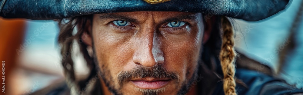 The man, wearing a pirate hat, gazes intently at the camera with a boat in the background