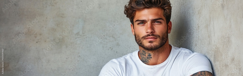 Obraz premium A stylish man with tattoos wears an oversize white t-shirt, leaning against a light wall
