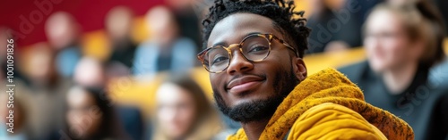 A cheerful black university student enjoys a lecture, exuding positivity in the classroom