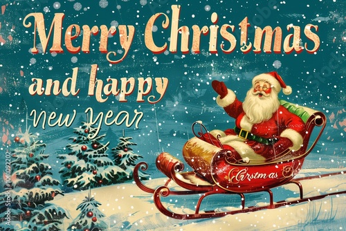 Merry christmas happy new year sign with santa riding a sleigh