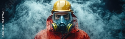 A chemical engineer uses a dust mask for safety while working on a construction site