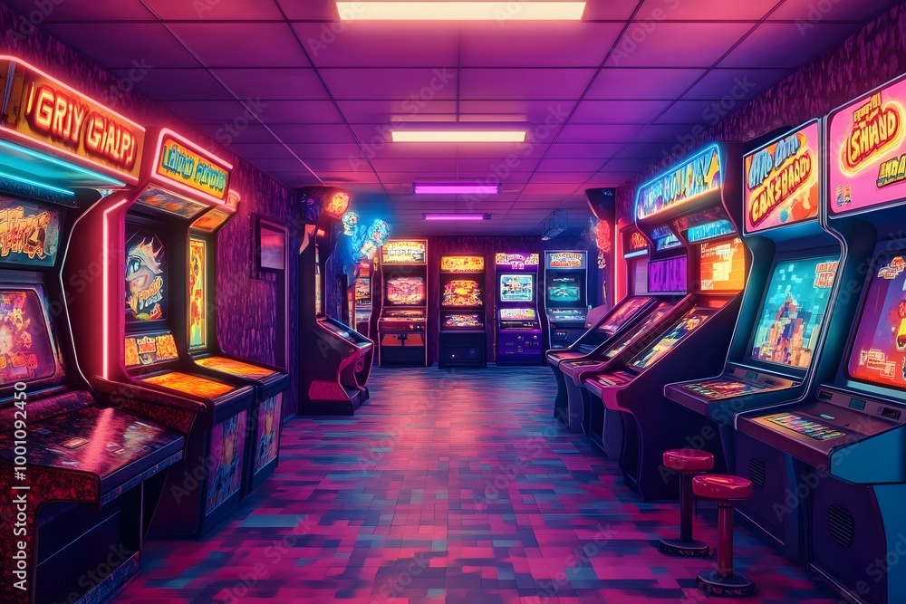 A retro arcade filled with classic video games. A retro arcade filled with classic video games.