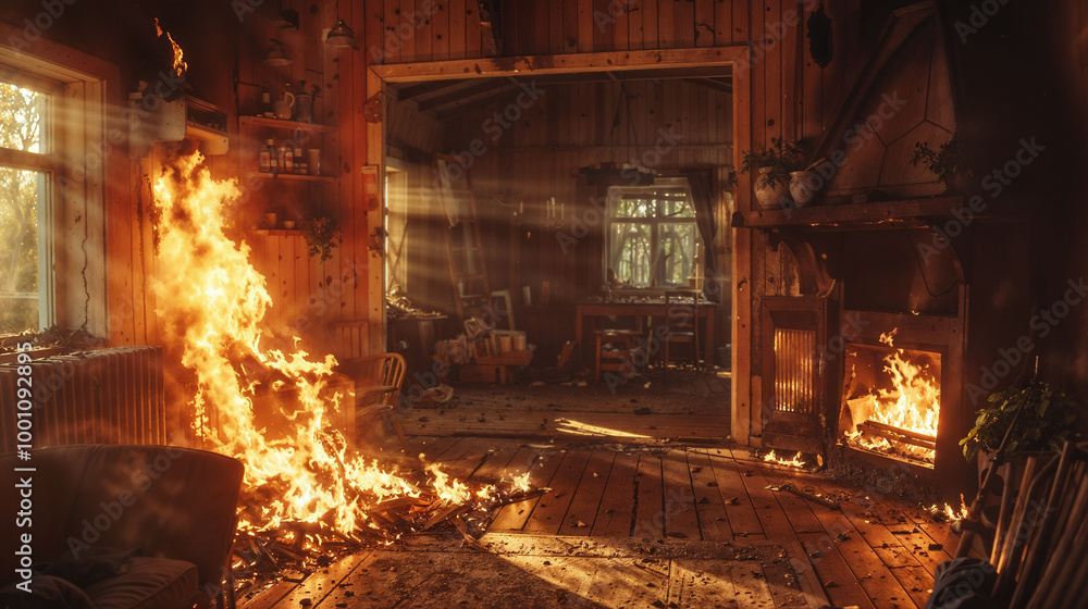 Fototapeta premium Interior of burning home. Flames engulf wooden walls and furniture. Sunlight streams through smoke filled windows. Intimate portrayal of fire's destructive power within domestic space