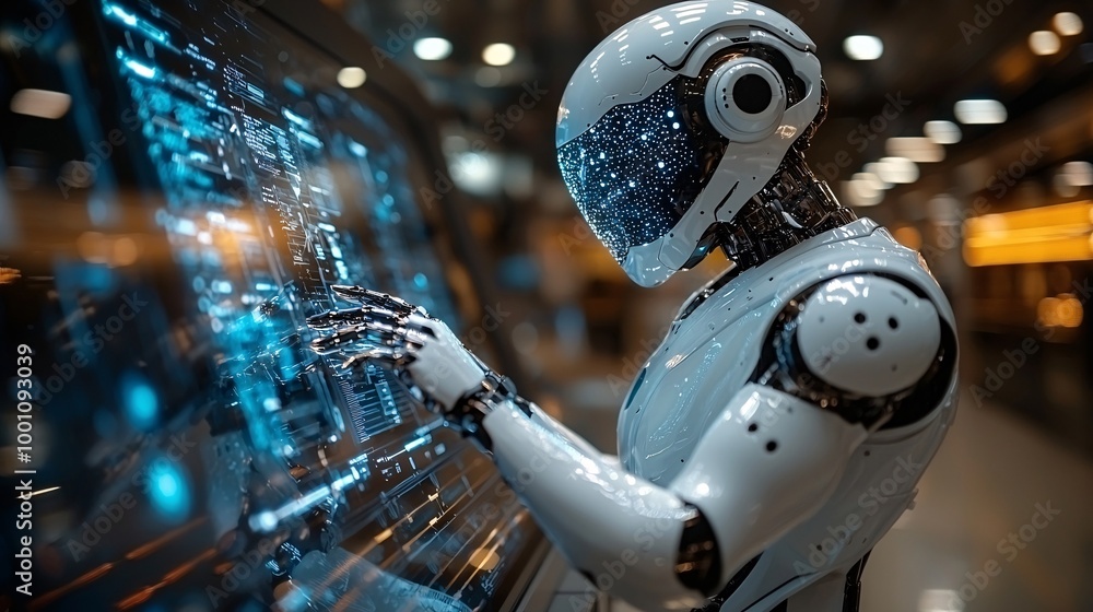 A futuristic office scene with an AI robot analyzing complex data on a tablet with holographic projections A futuristic office scene with an AI robot analyzing complex data on a tablet with holographic projections