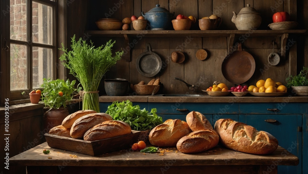 fresh bread, fruit, vegetables in a basket on the table fresh bread, fruit, vegetables in a basket on the table