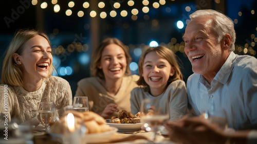 A joyful family gathering with laughter and delicious food creates warm atmosphere. evening is filled with love and connection among generations