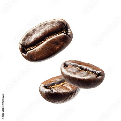 Three roasted coffee beans isolated on a white background, showcasing their rich texture and deep brown color.