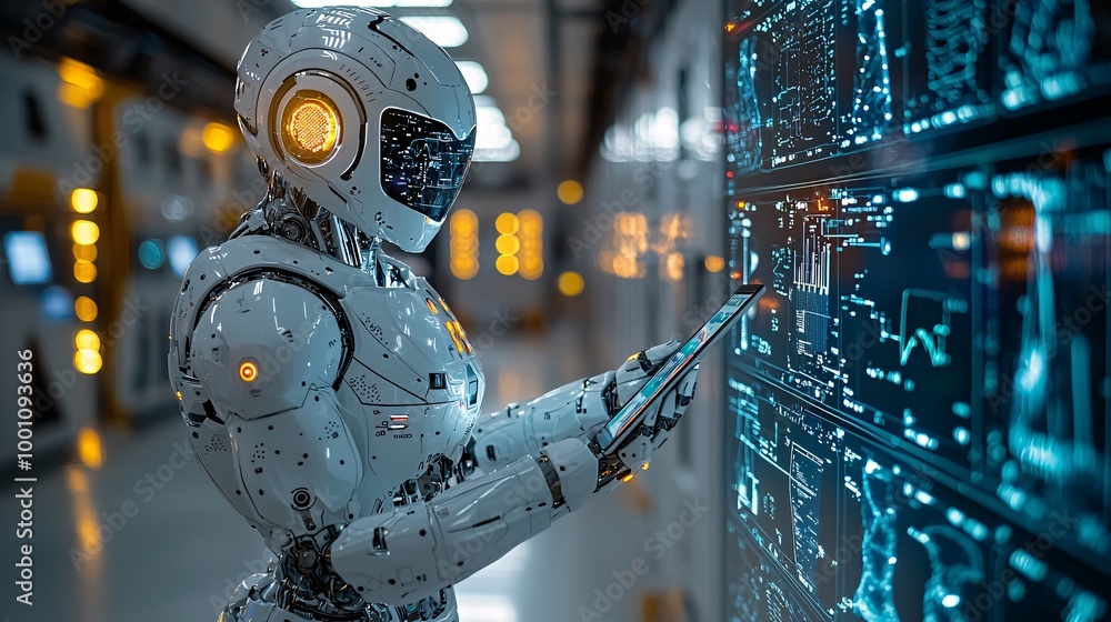 Fototapeta premium A robotic figure interacting with a tablet, displaying medical diagnostics and health data