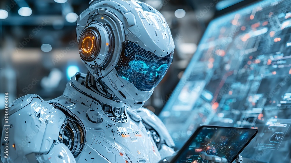 A robot with advanced AI functionality, using a tablet to review virtual reality simulations A robot with advanced AI functionality, using a tablet to review virtual reality simulations
