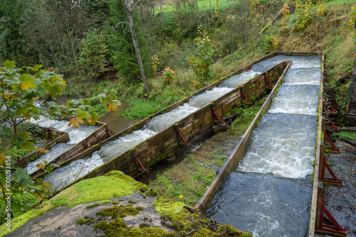 Fish pass or salmon ladder.  man made fish ladder in the streaming water
 photo