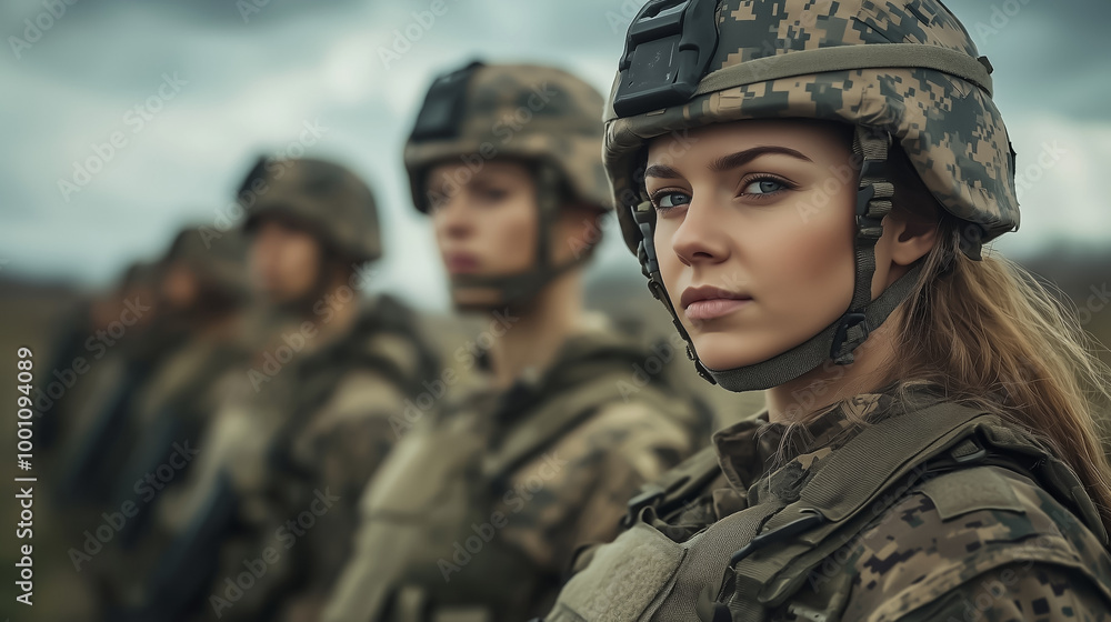 A line of female soldiers standing in formation during a military training exercise. Embodying resilience and discipline. Strength, courage, and unity of women in the military A line of female soldiers standing in formation during a military training exercise. Embodying resilience and discipline. Strength, courage, and unity of women in the military