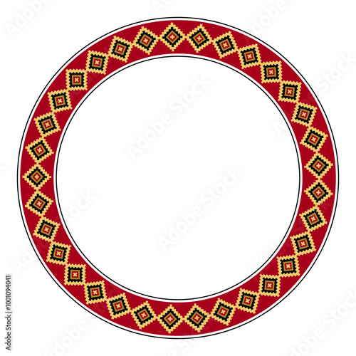 Circle frame with a diamond band motif of an Inca textile pattern. Colorful decorative circular border based on a design of a tunic for men of the Inca Empire. Isolated illustration. Vector.