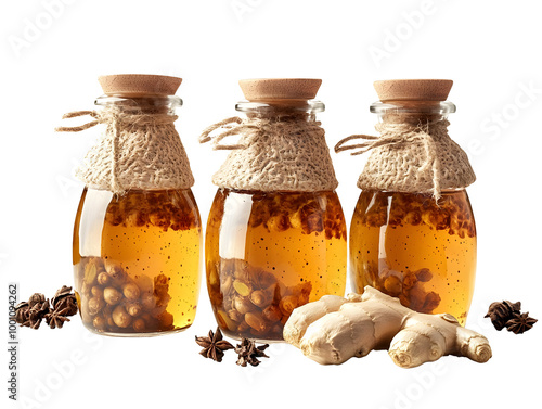 Three jars of honey with ginger root on a white isolated background.