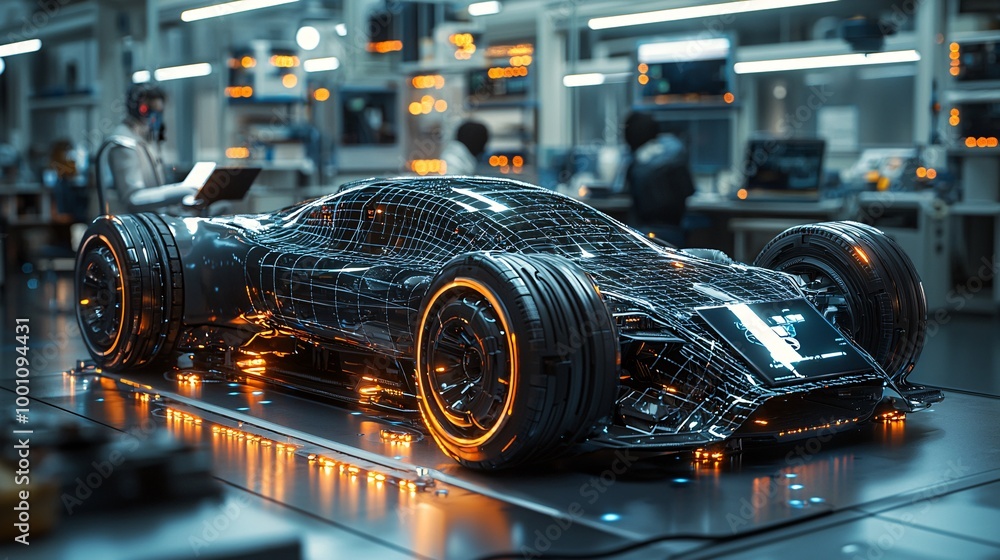 An AI robot using a tablet to analyze a digital 3D model of a futuristic car in a design lab An AI robot using a tablet to analyze a digital 3D model of a futuristic car in a design lab