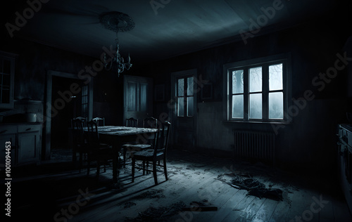 A terrifying atmosphere in a sinister house on a dark night.