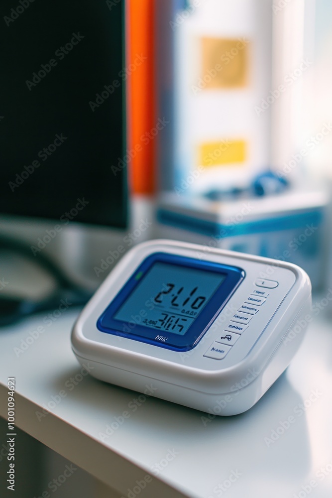 A digital blood pressure monitor on a desk, displaying health readings. A digital blood pressure monitor on a desk, displaying health readings.