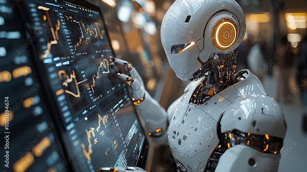 Fototapeta premium An AI robot navigating financial data and market trends on a tablet with glowing charts