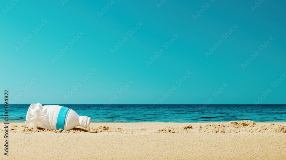 Plastic bottle discarded on sandy beach with ocean and blue sky. Plastic bottle discarded on sandy beach with ocean and blue sky.