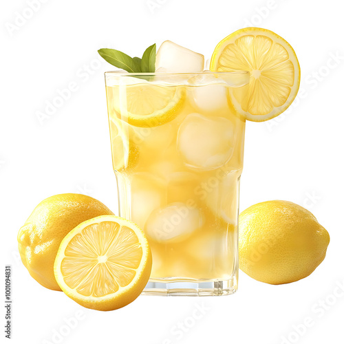 Refreshing lemonade drink with ice and fresh lemon slices on a white background.