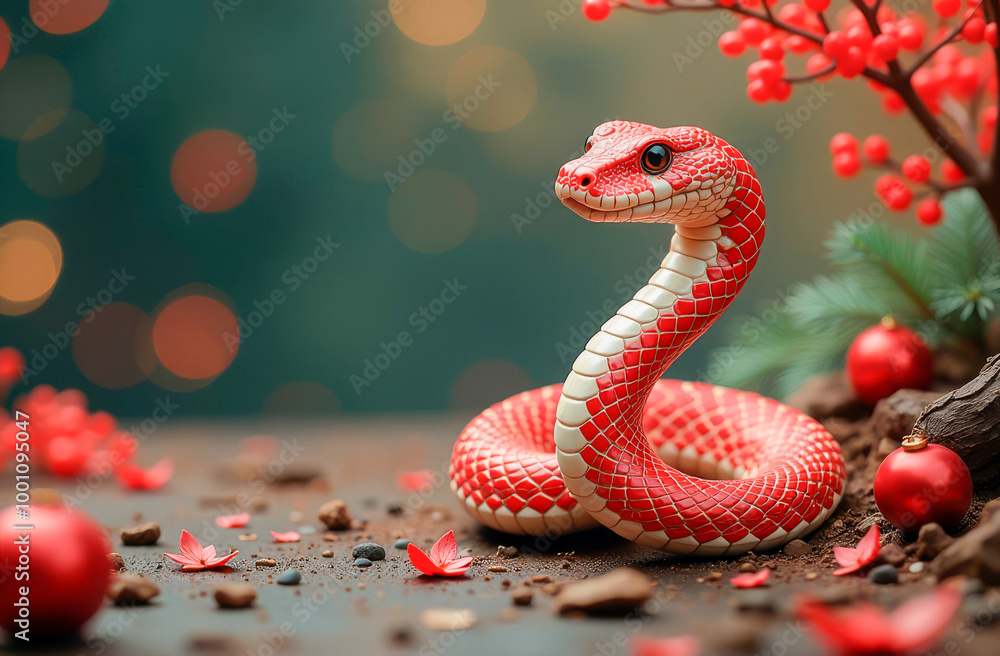 Obraz premium Red and white snake on a festive background. Illustration