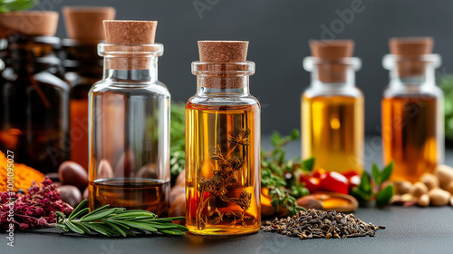 A collection of glass bottles filled with organic oils, showcasing various herbs and spices. vibrant colors and natural elements create calming and inviting atmosphere