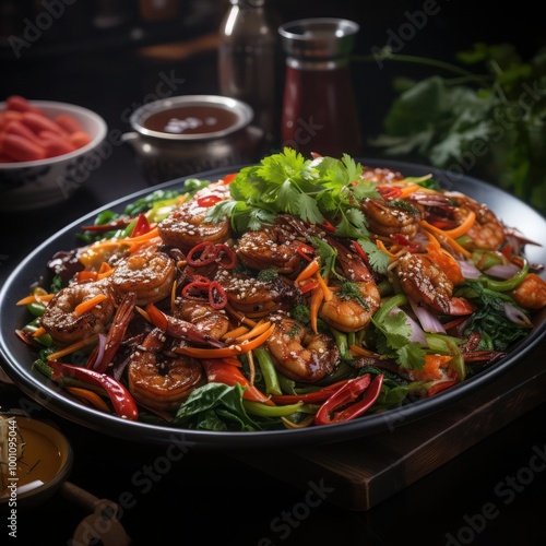 a malaysian cuisine, fried char kway teow, a flat noodle; well marinated, cooked to perfection, loaded with goodness photo