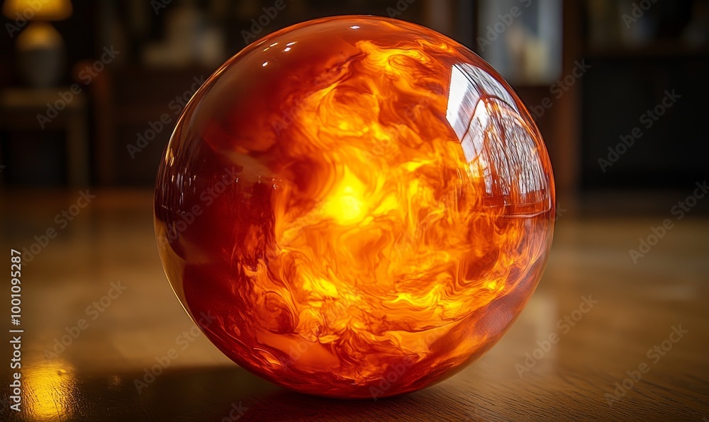 Orange glass sphere with swirling patterns. Orange glass sphere with swirling patterns.