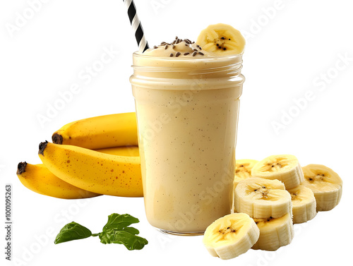 Delicious banana smoothie in a jar with fresh bananas and mint leaves on a white background. photo