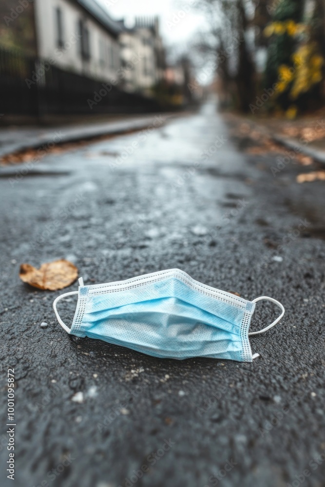A discarded blue surgical mask lying on a wet road, surrounded by autumn leaves. A discarded blue surgical mask lying on a wet road, surrounded by autumn leaves.