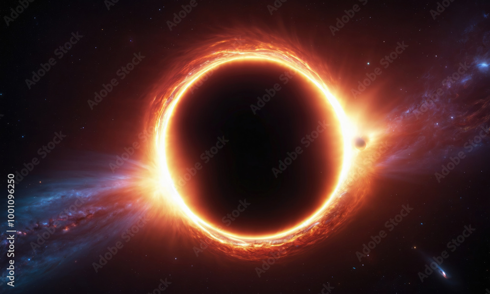 A glowing ring of light surrounds a black hole in the vast expanse of space A glowing ring of light surrounds a black hole in the vast expanse of space