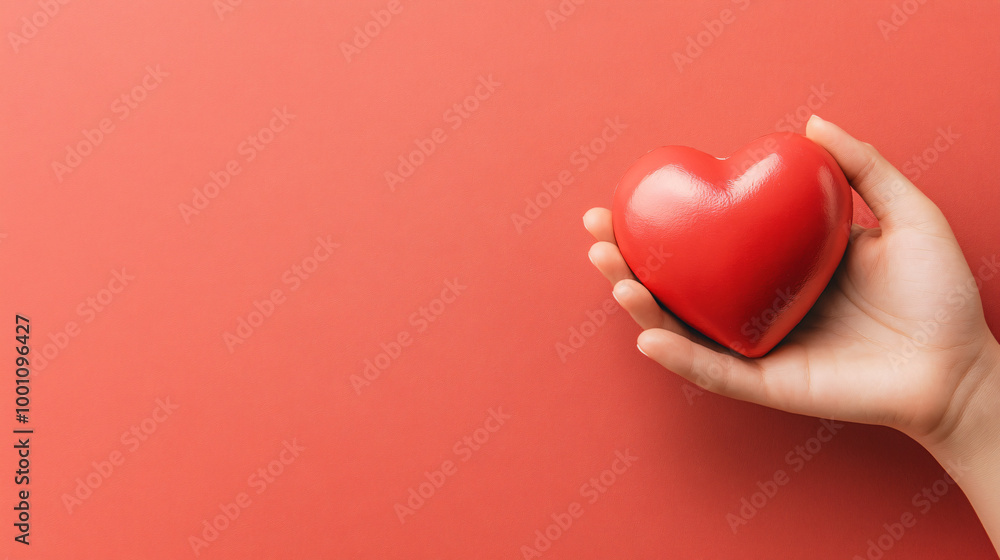 Woman hand holding a red heart on a red background, health care, love, organ donation, charity concept Woman hand holding a red heart on a red background, health care, love, organ donation, charity concept