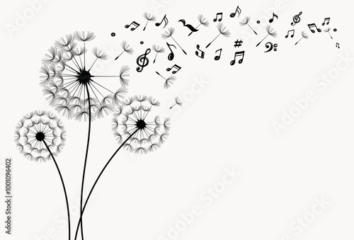 Dandelion with flying notes and seeds. Vector isolated decoration element from scattered silhouettes.