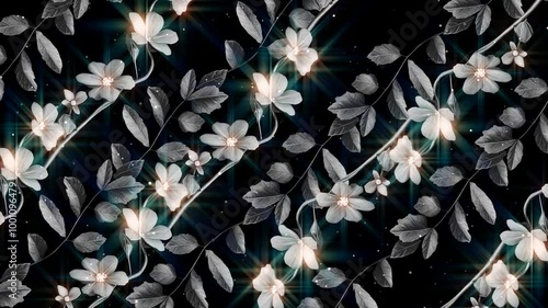 Seamless Animated Tropical black and white Flowers with Vine, leafs and particles