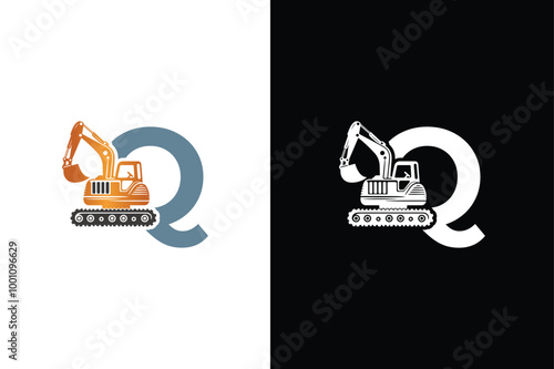 Letter Q excavator logo template vector. Heavy equipment logo vector for construction company.