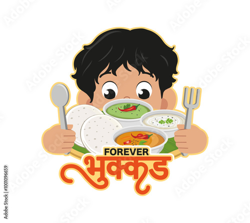Bhukkad Boy eating idli and sambar, South Indian Food,  illustration vector isolated, hungry boy, Cute boy, Idly, Sambar, Chutney.
