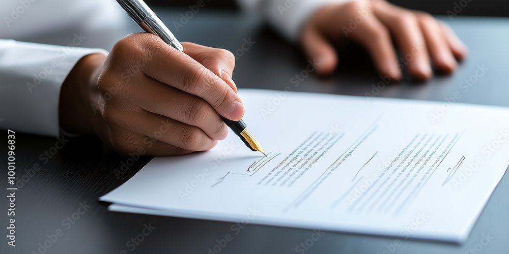 A businesspersons hand is seen signing document with fountain pen, emphasizing professionalism and attention to detail. This moment captures essence of formal agreements and important decisions A businesspersons hand is seen signing document with fountain pen, emphasizing professionalism and attention to detail. This moment captures essence of formal agreements and important decisions