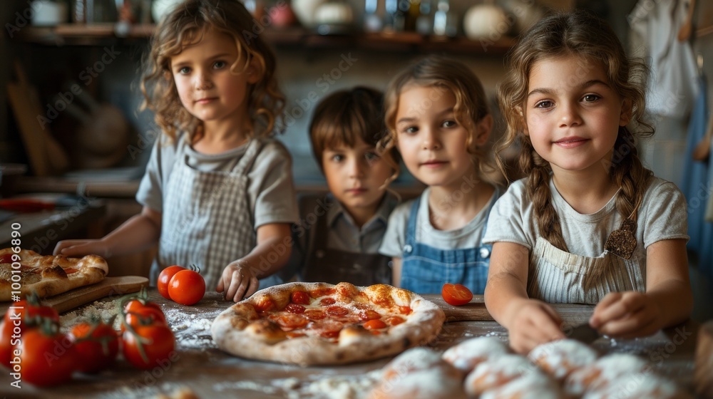 A group of children are making pizza in a kitchen A group of children are making pizza in a kitchen