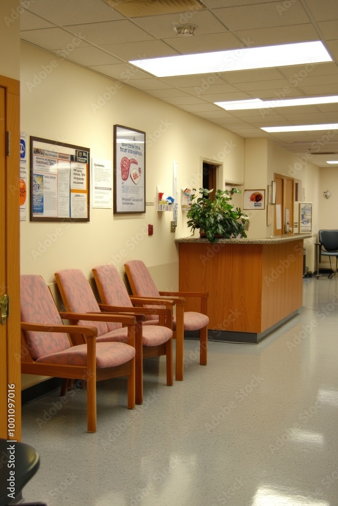 A clean and organized hospital waiting area with seating and a reception desk. A clean and organized hospital waiting area with seating and a reception desk.